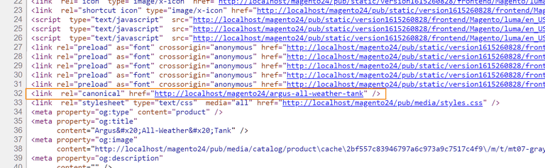 The generated canonical meta tag for a product page
